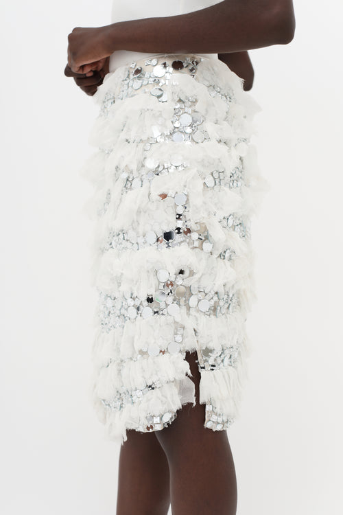 Nina Ricci White 
Silver-Tone SS14 Embellished Ruffle Skirt