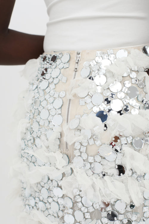 Nina Ricci White 
Silver-Tone SS14 Embellished Ruffle Skirt