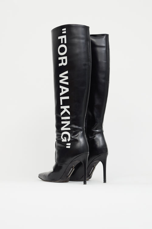 Off-White Black Leather "For Walking" Knee High Boot