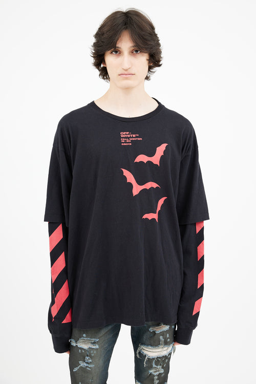 Off-White FW 2019 Black 
Red Print Layered Long T-Shirt