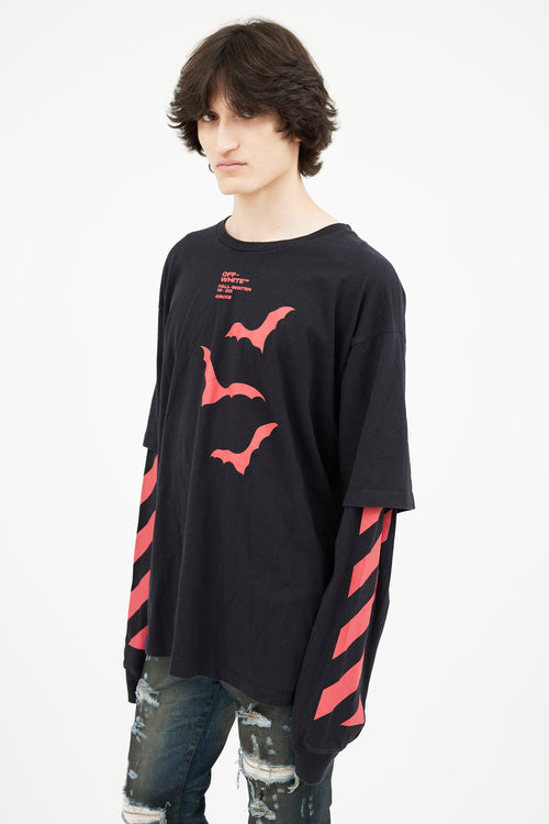 Off-White FW 2019 Black 
Red Print Layered Long T-Shirt