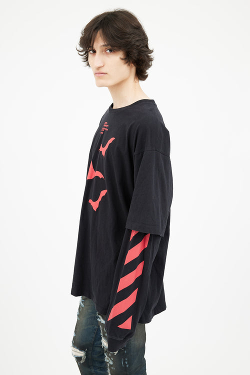 Off-White FW 2019 Black 
Red Print Layered Long T-Shirt