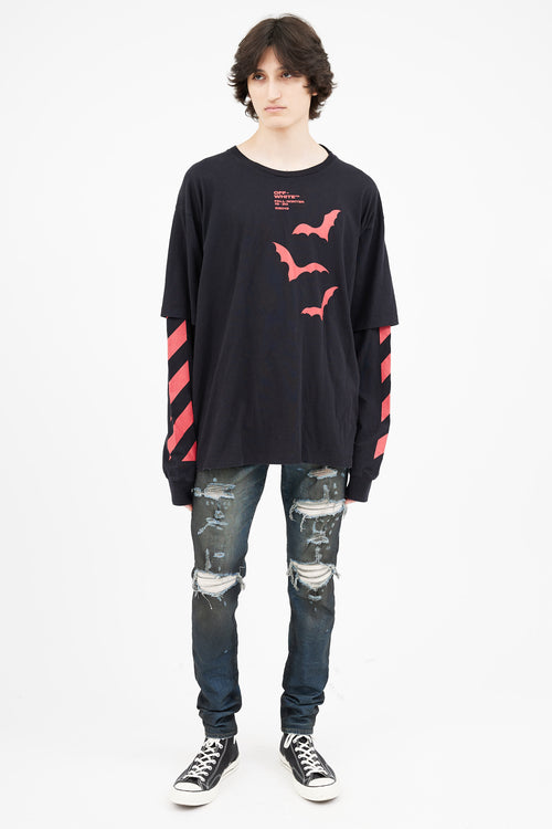 Off-White FW 2019 Black 
Red Print Layered Long T-Shirt