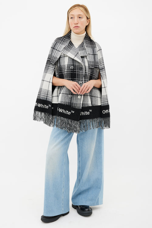 Off-White Grey 
White Plaid Fringe Cape