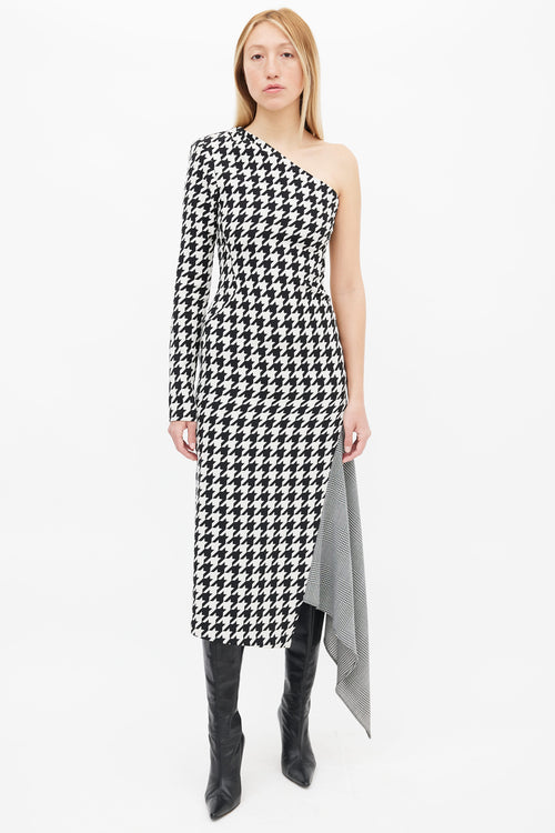 Off-White Pre-Fall 2018 Black 
White Multi Houndstooth One Shoulder Dress