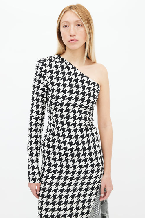 Off-White Pre-Fall 2018 Black 
White Multi Houndstooth One Shoulder Dress