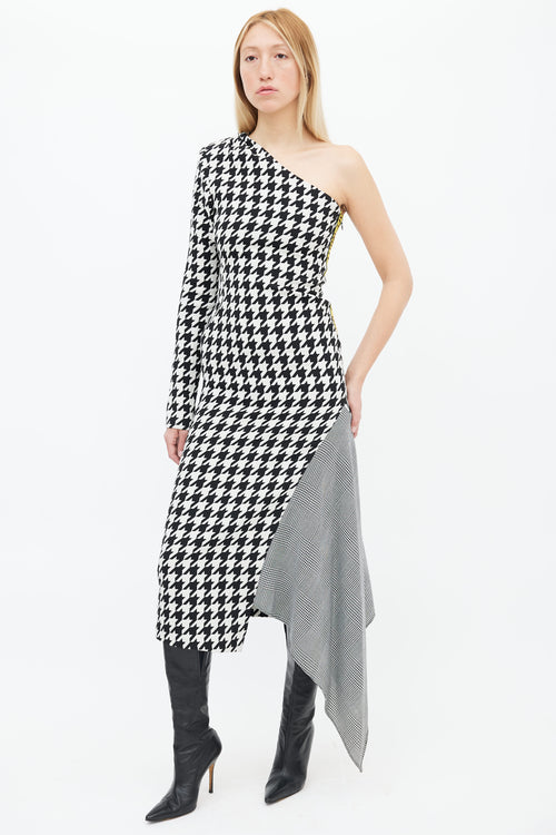 Off-White Pre-Fall 2018 Black 
White Multi Houndstooth One Shoulder Dress