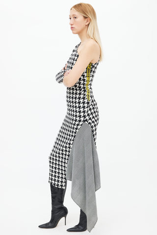 Off-White Pre-Fall 2018 Black 
White Multi Houndstooth One Shoulder Dress