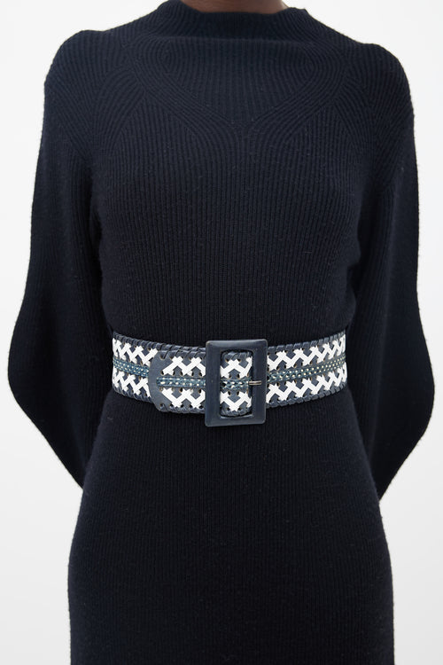 Oscar de la Renta Navy 
White Woven Leather Belt