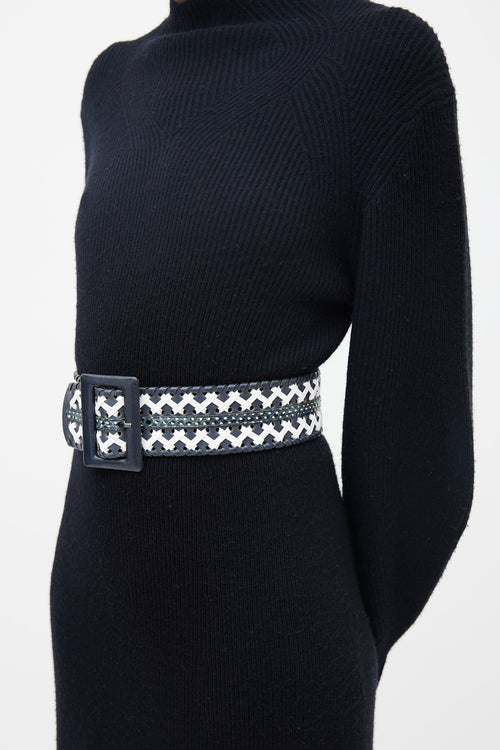 Oscar de la Renta Navy 
White Woven Leather Belt