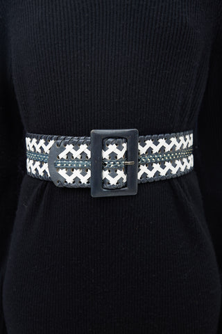 Oscar de la Renta Navy 
White Woven Leather Belt