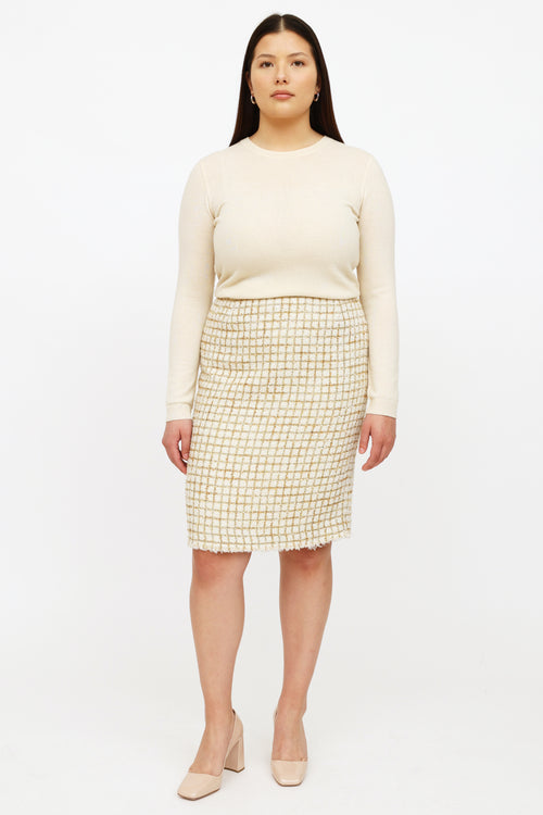 Oscar de la Renta White 
Gold Tweed Skirt