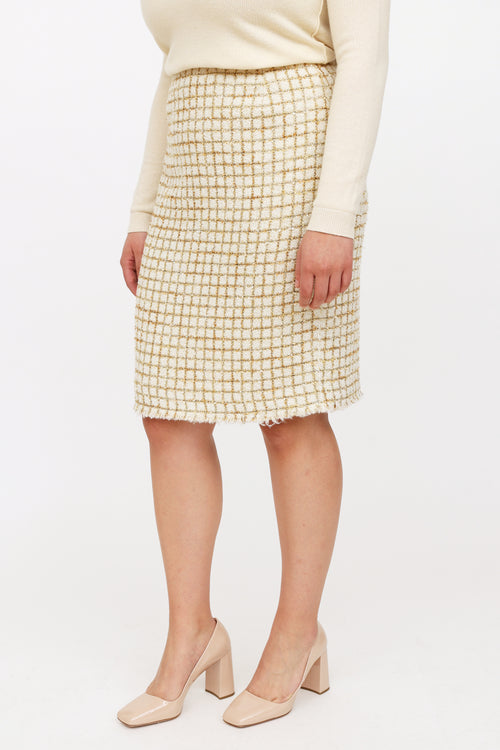 Oscar de la Renta White 
Gold Tweed Skirt