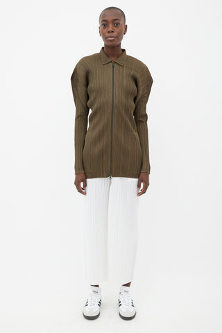 Pleats Please Issey Miyake Olive Green Pleated Full-Zip Top