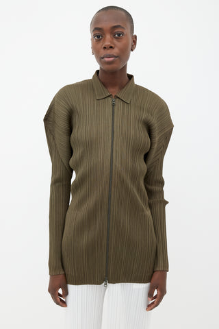 Pleats Please Issey Miyake Olive Green Pleated Full-Zip Top