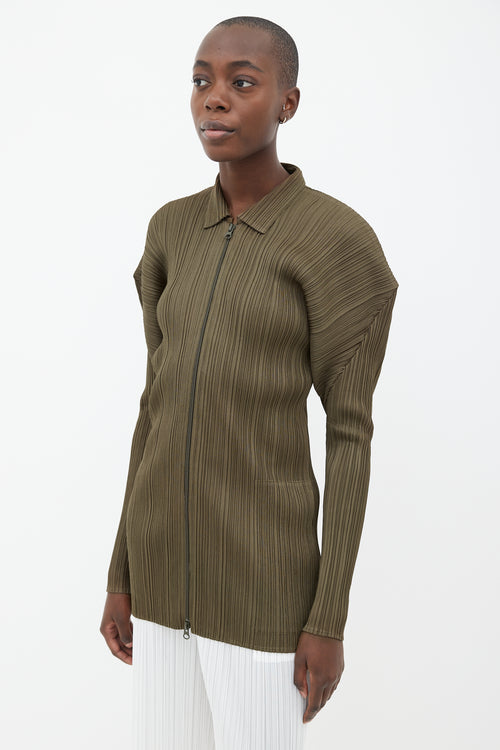 Pleats Please Issey Miyake Olive Green Pleated Full-Zip Top