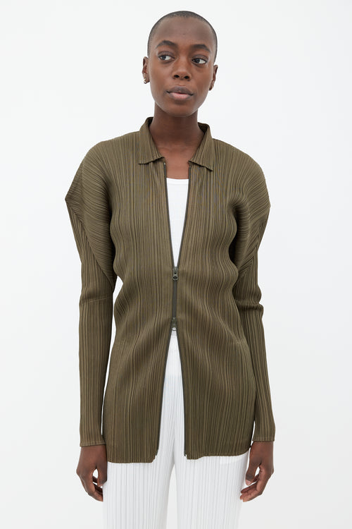 Pleats Please Issey Miyake Olive Green Pleated Full-Zip Top