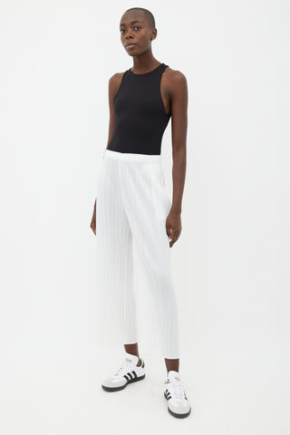 Pleats Please Issey Miyake White Pleated Wide Leg Trouser