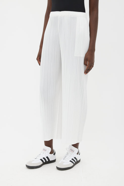 Pleats Please Issey Miyake White Pleated Wide Leg Trouser