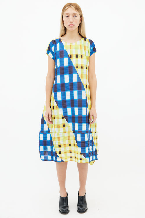 Pleats Please Issey Miyake Blue 
Yellow Trek Check Midi Dress