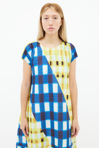 Pleats Please Issey Miyake Blue 
Yellow Trek Check Midi Dress