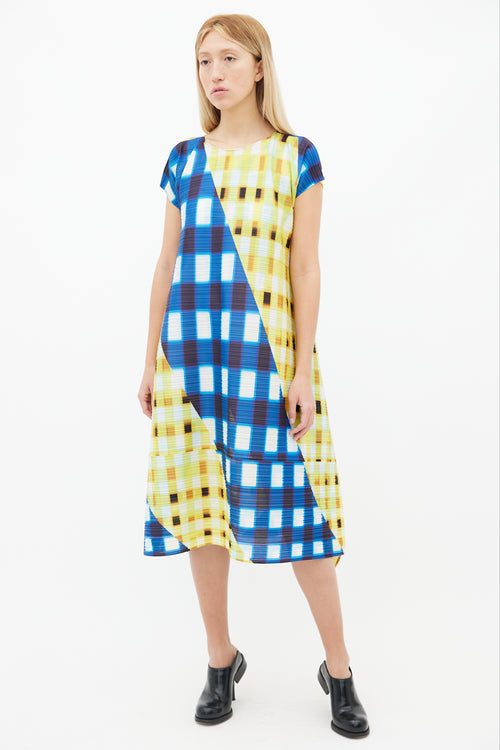 Pleats Please Issey Miyake Blue 
Yellow Trek Check Midi Dress