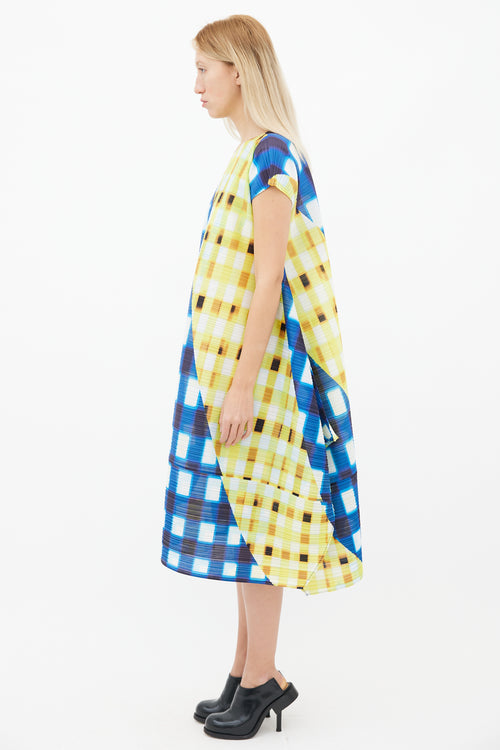 Pleats Please Issey Miyake Blue 
Yellow Trek Check Midi Dress