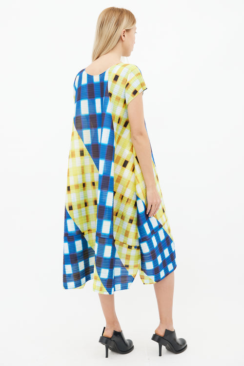 Pleats Please Issey Miyake Blue 
Yellow Trek Check Midi Dress