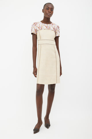 Prada 2015 Prada Beige 
Purple Brocade Short Sleeve Dress