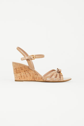 Prada Beige Patent Leather Wedge  Sandal