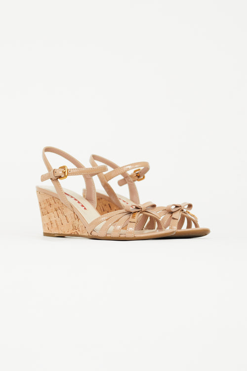 Prada Beige Patent Leather Wedge  Sandal