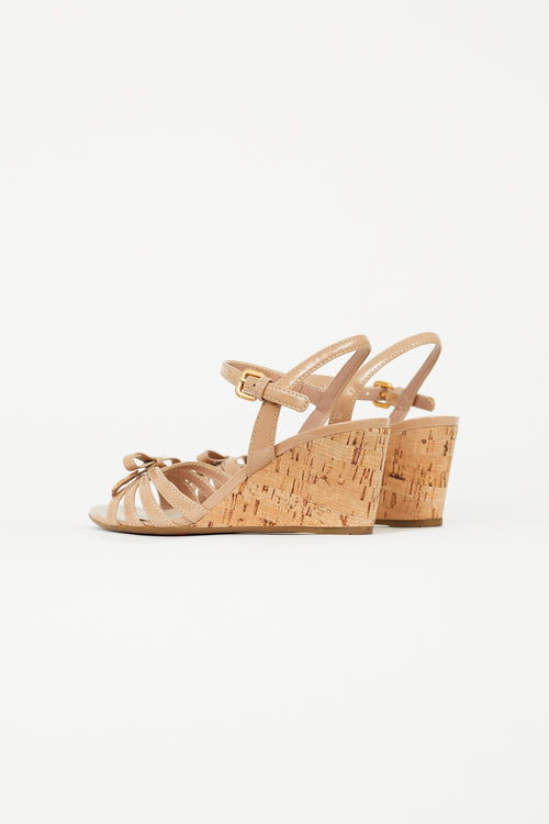 Prada Beige Patent Leather Wedge  Sandal