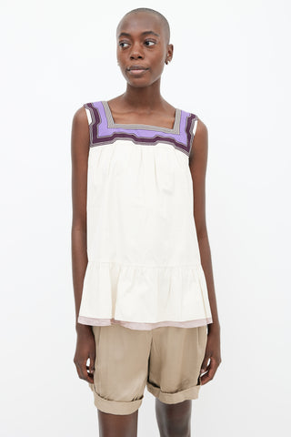 Prada Beige 
Purple Cotton Square-Neckline Ruffle Top