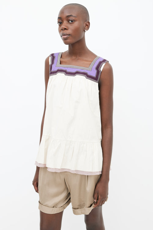 Prada Beige 
Purple Cotton Square-Neckline Ruffle Top