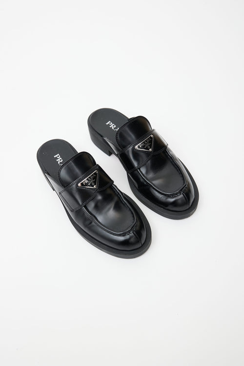 Prada Black Brushed Leather Logo Mule