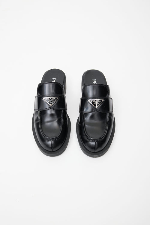 Prada Black Brushed Leather Logo Mule