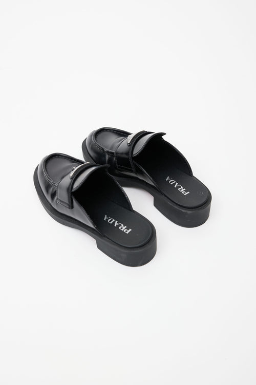 Prada Black Brushed Leather Logo Mule