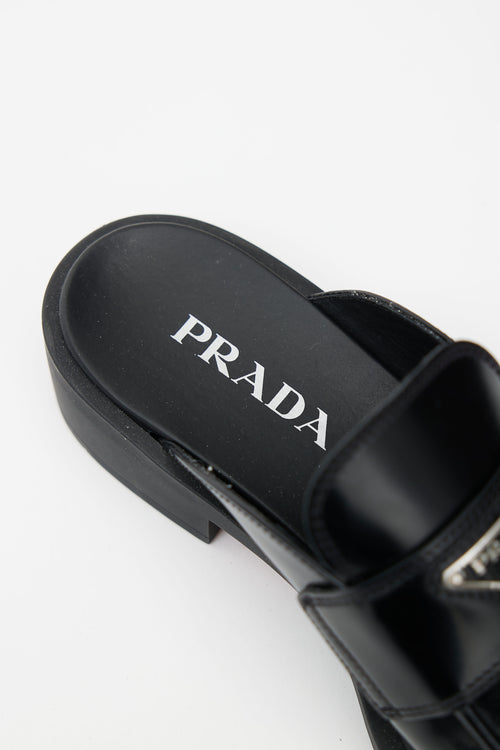 Prada Black Brushed Leather Logo Mule