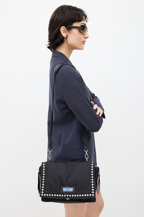 Prada Black Nylon Studded Etiquette Shoulder Bag