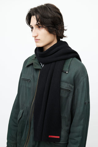 Prada Black Ribbed Knit Logo Scarf