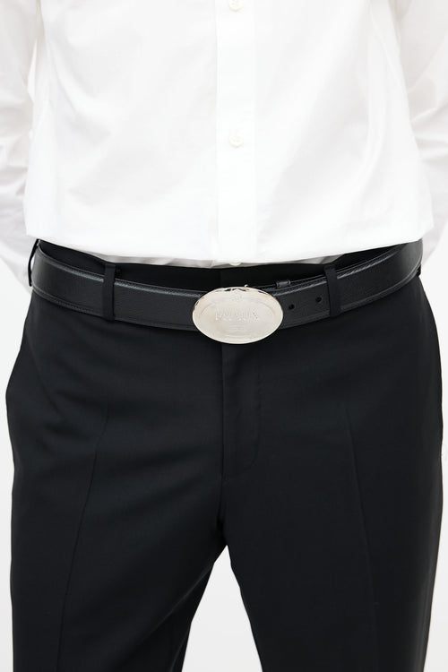 Prada Black Savoia Logo Saffiano Belt