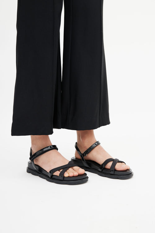 Prada Black Webbing 
Patent Leather Flatform Sandals