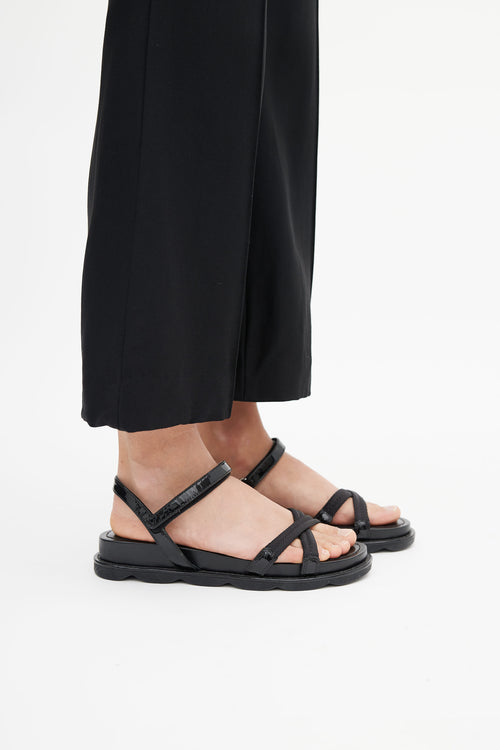 Prada Black Webbing 
Patent Leather Flatform Sandals