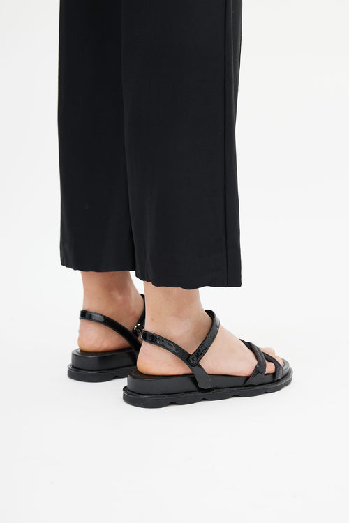 Prada Black Webbing 
Patent Leather Flatform Sandals