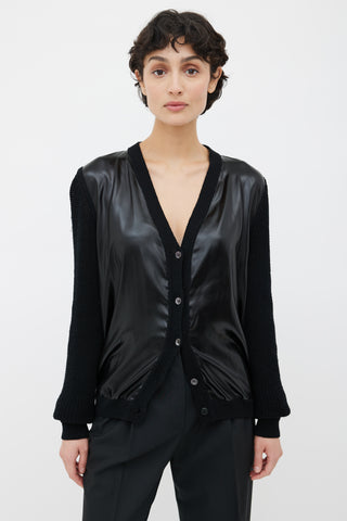 Prada Black Knit 
Satin V-Neck Cardigan