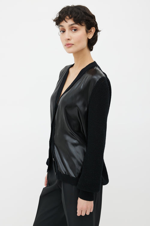 Prada Black Knit 
Satin V-Neck Cardigan