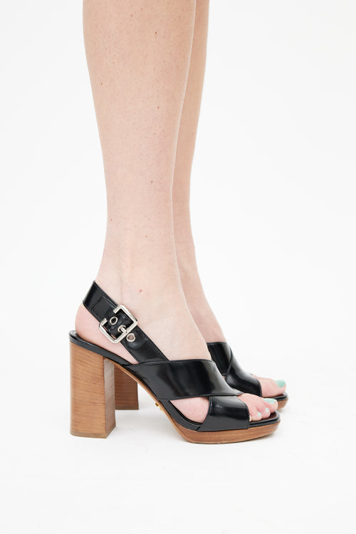 Prada Black Leather 
Wood Strappy Heel