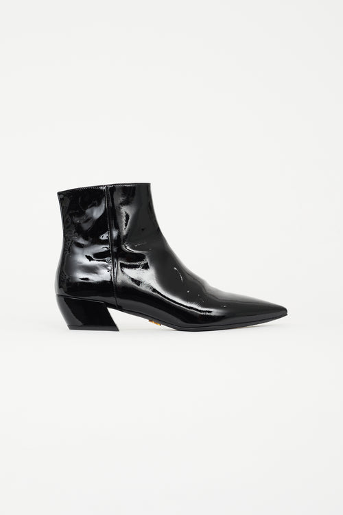 Prada Black Patent Leather Pointed Toe  Bootie