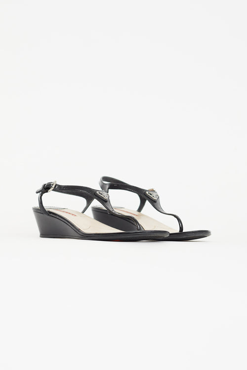 Prada Black Patent Leather Wedge Sandal