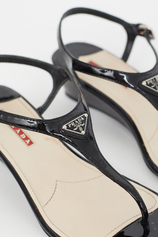 Prada Black Patent Leather Wedge Sandal